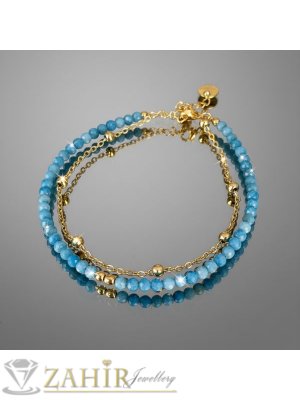 Впечатляваща гривна за ръка или глезен от естествен син апатит 3 мм и стоманена верижка с топчета, стоманени накрайници - GA3214